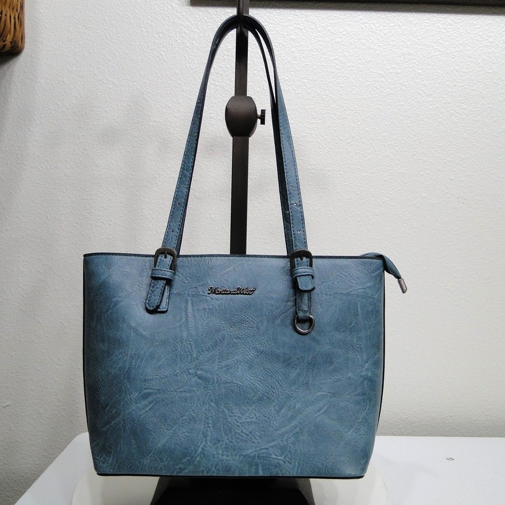 Montana West Blue Textured Faux Leather Tote Bag Adjustable Straps Zippered